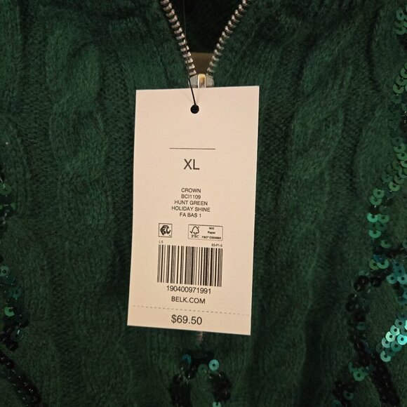 Crown & Ivy NWT Green Sequined CableKnit 1/4 Zip Sweater Size XL - Picture 5 of 7